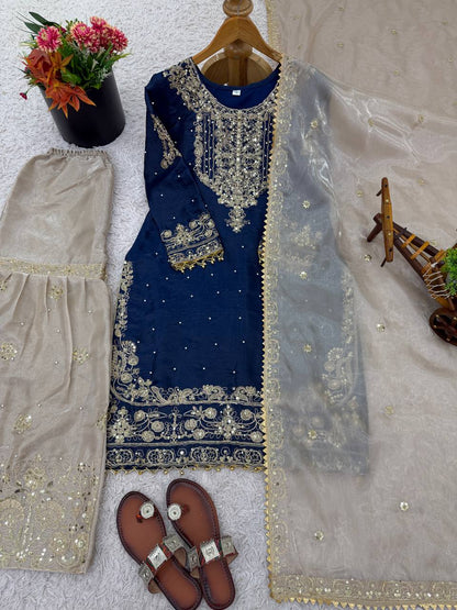 Festive Wear Navy Blue Color Embroidered Top With Palazzo Suit