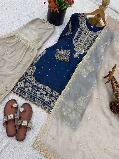 Festive Wear Navy Blue Color Embroidered Top With Palazzo Suit