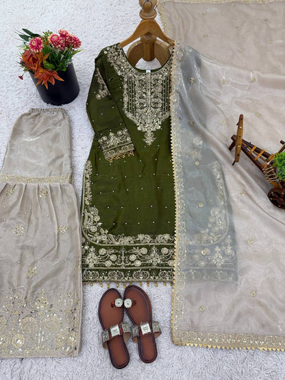 Ceremony Wear Green Color Embroidered Top With Palazzo Suit