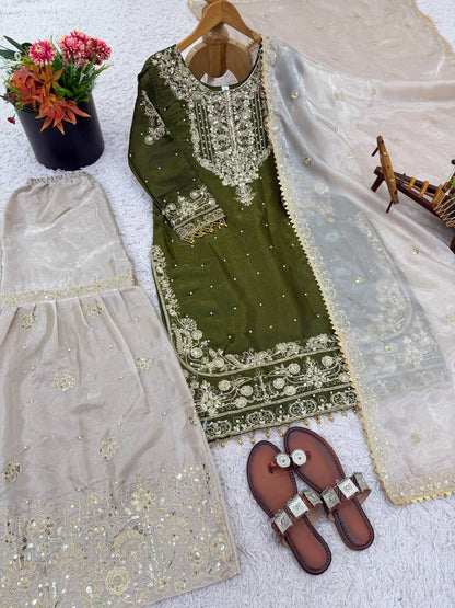 Ceremony Wear Green Color Embroidered Top With Palazzo Suit