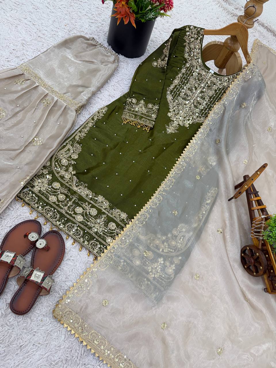 Ceremony Wear Green Color Embroidered Top With Palazzo Suit