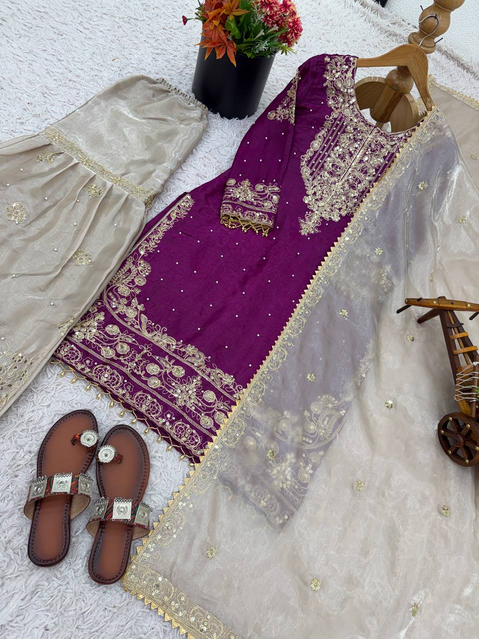 Ceremony Wear Purple Color Embroidered Top With Palazzo Suit