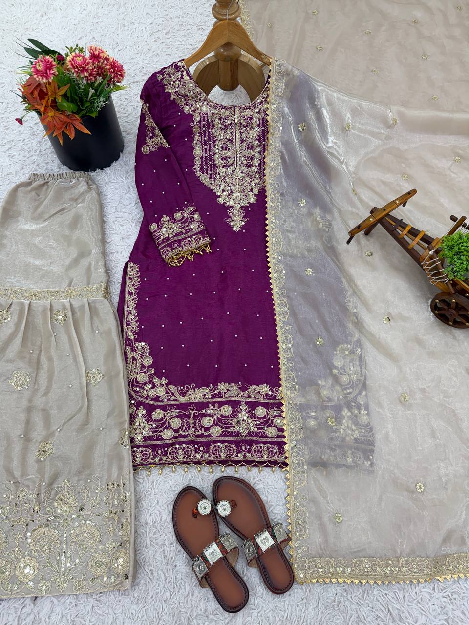 Ceremony Wear Purple Color Embroidered Top With Palazzo Suit