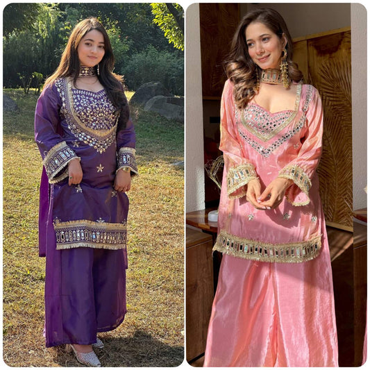Stylish Designer Fendy Silk Mirror Work Sharara Set