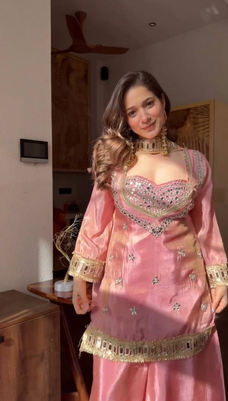Stylish Designer Fendy Silk Mirror Work Sharara Set