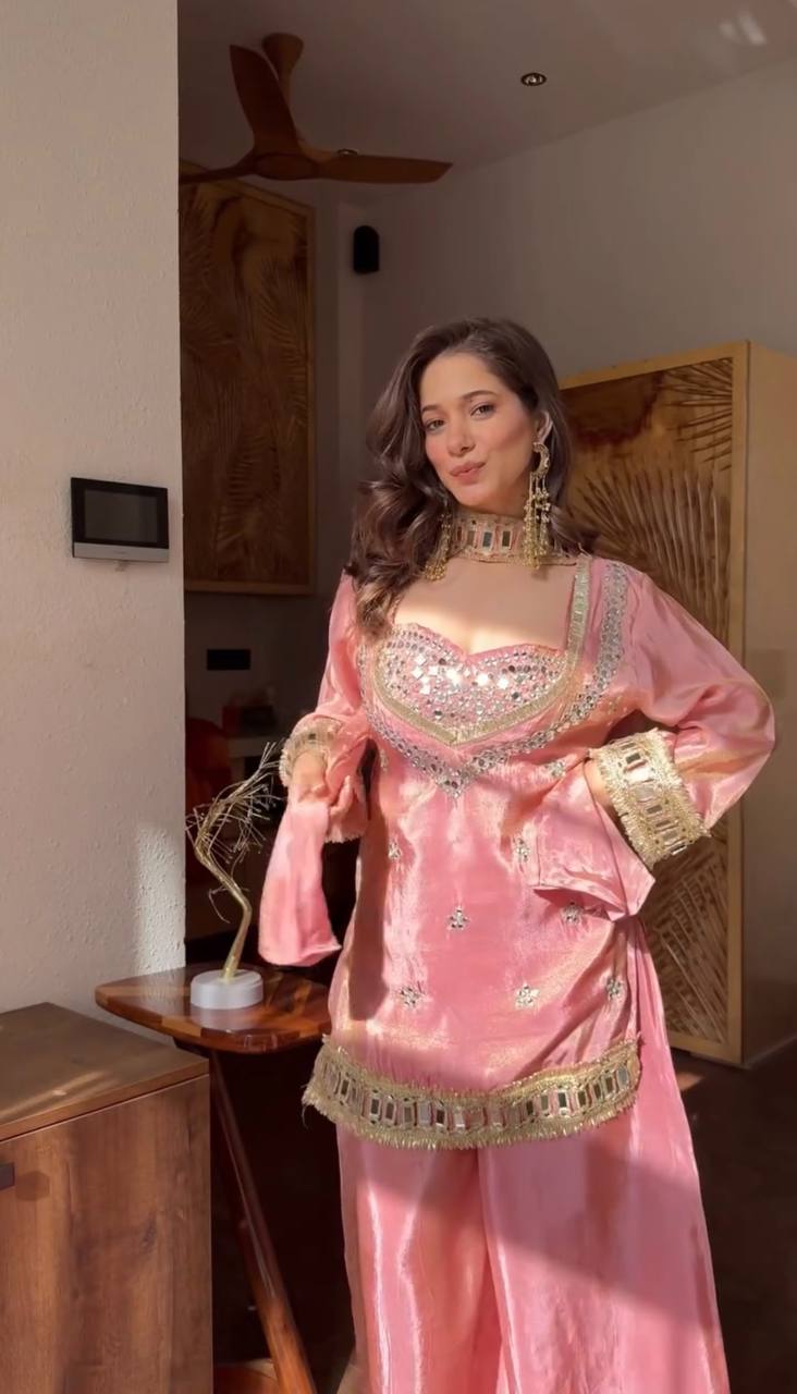 Stylish Designer Fendy Silk Mirror Work Sharara Set