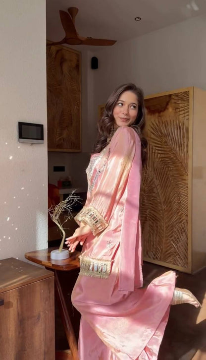 Stylish Designer Fendy Silk Mirror Work Sharara Set