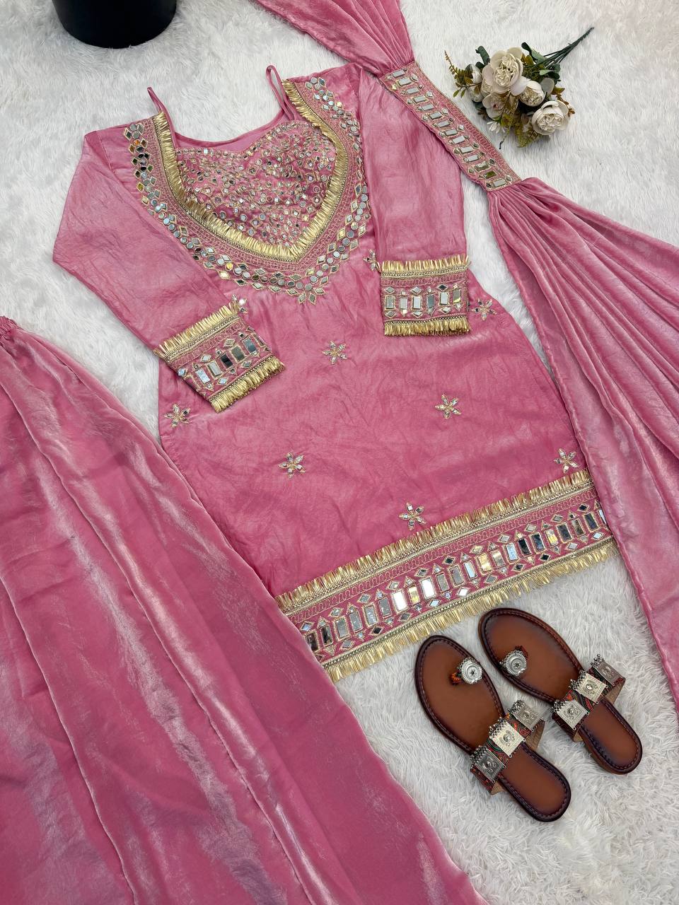 Stylish Designer Fendy Silk Mirror Work Sharara Set