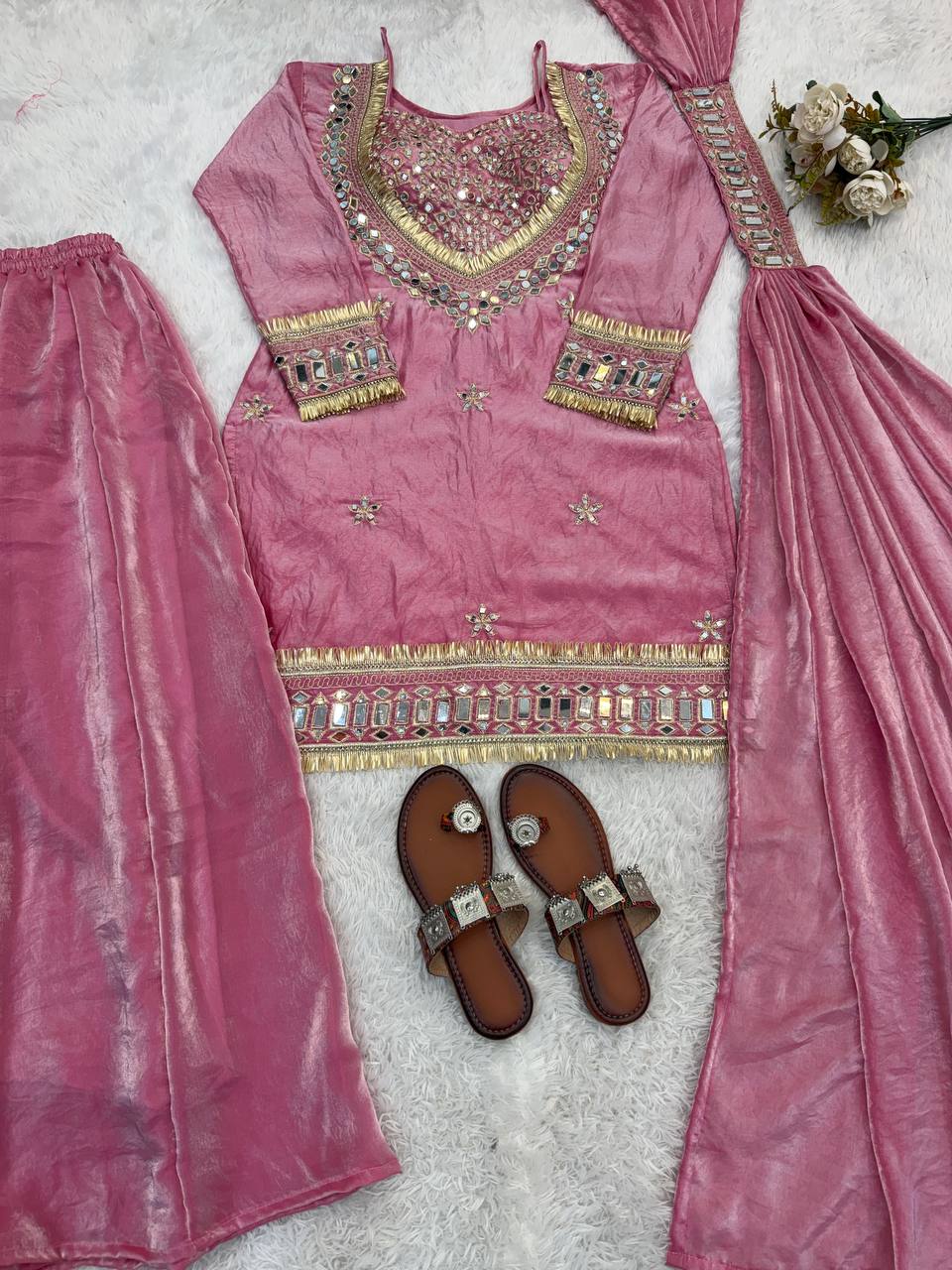 Stylish Designer Fendy Silk Mirror Work Sharara Set