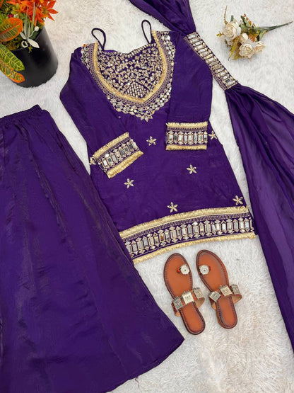 Stylish Designer Fendy Silk Mirror Work Sharara Set