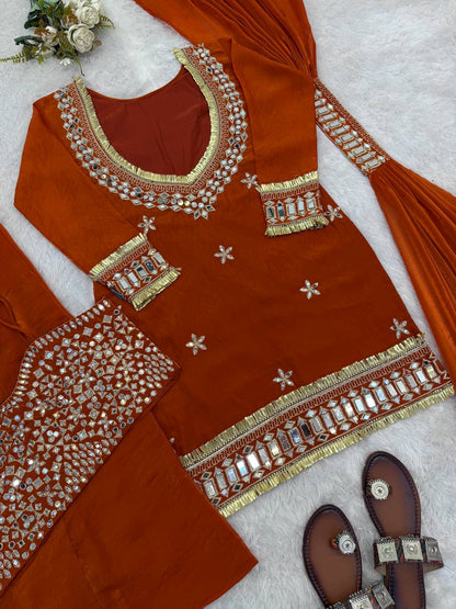 Stylish Designer Fendy Silk Mirror Work Orange Color Sharara Set