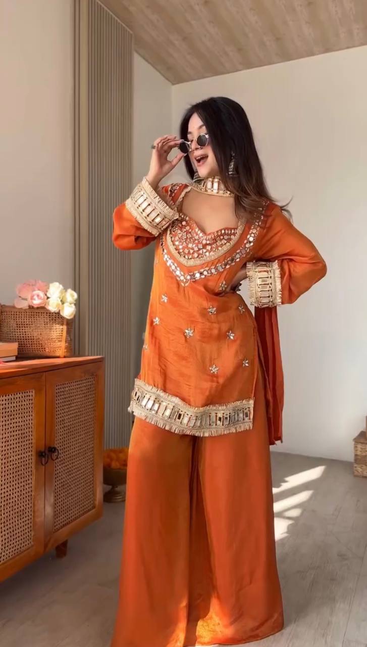Stylish Designer Fendy Silk Mirror Work Orange Color Sharara Set