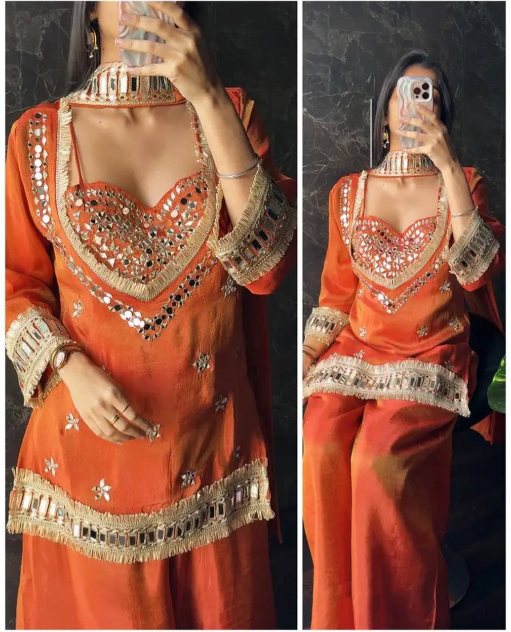 Stylish Designer Fendy Silk Mirror Work Orange Color Sharara Set