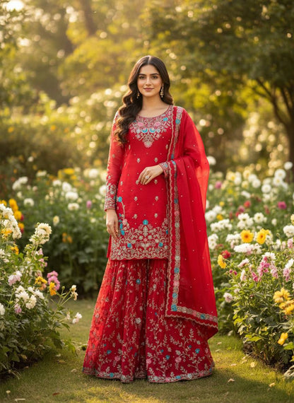 Wedding Wear Embroidery Red Color 3-Piece Anarkali Sharara Set