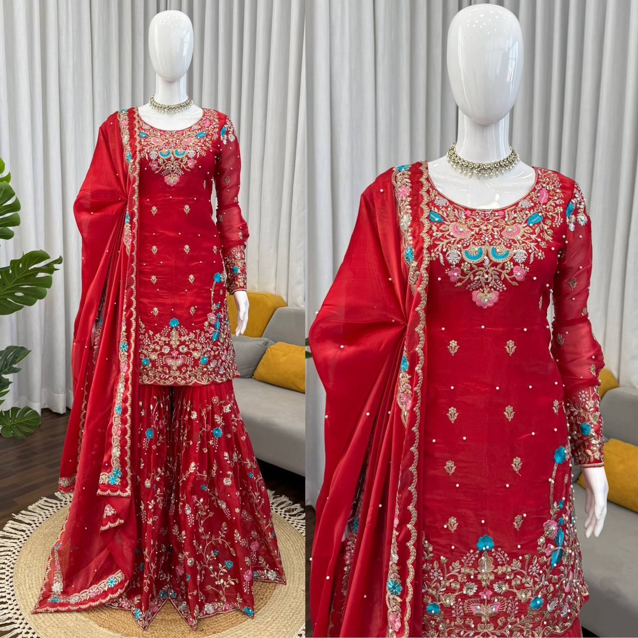Wedding Wear Embroidery Red Color 3-Piece Anarkali Sharara Set
