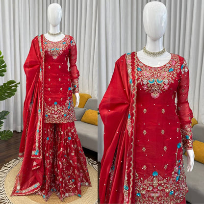 Wedding Wear Embroidery Red Color 3-Piece Anarkali Sharara Set