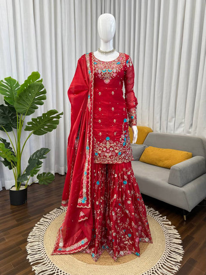 Wedding Wear Embroidery Red Color 3-Piece Anarkali Sharara Set
