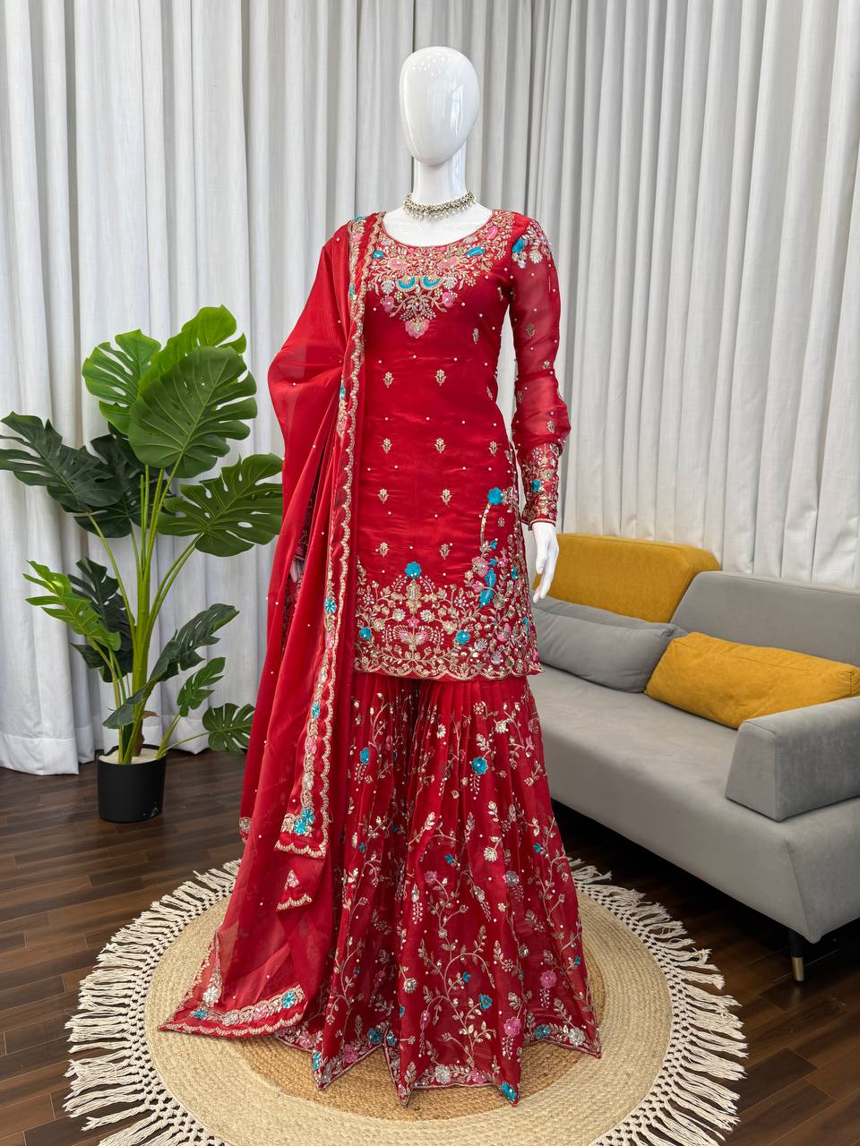 Wedding Wear Embroidery Red Color 3-Piece Anarkali Sharara Set