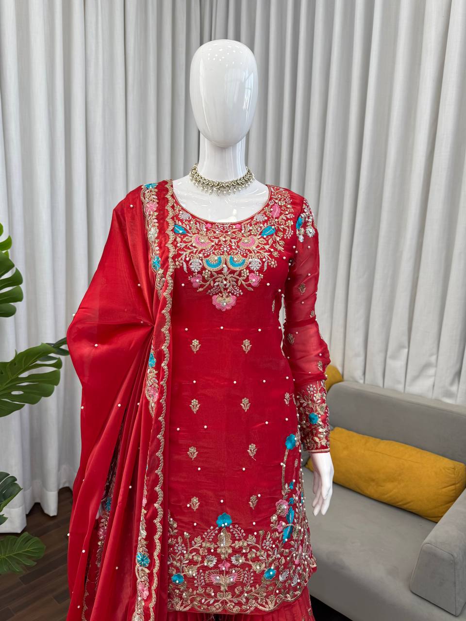 Wedding Wear Embroidery Red Color 3-Piece Anarkali Sharara Set