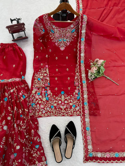 Wedding Wear Embroidery Red Color 3-Piece Anarkali Sharara Set