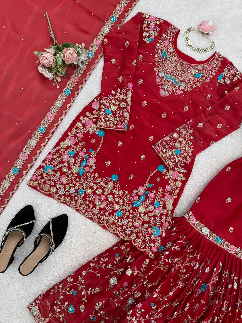 Wedding Wear Embroidery Red Color 3-Piece Anarkali Sharara Set