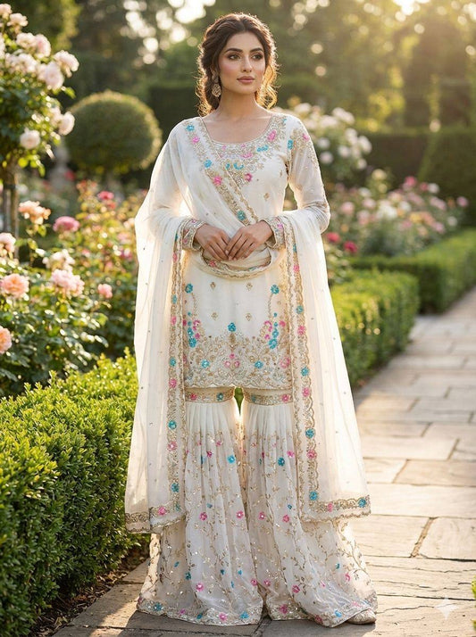 Party Wear Embroidery White Color 3-Piece Anarkali Sharara Set