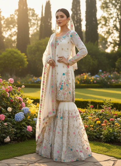 Party Wear Embroidery White Color 3-Piece Anarkali Sharara Set