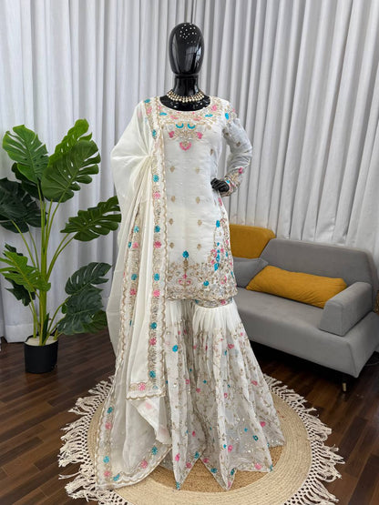 Party Wear Embroidery White Color 3-Piece Anarkali Sharara Set