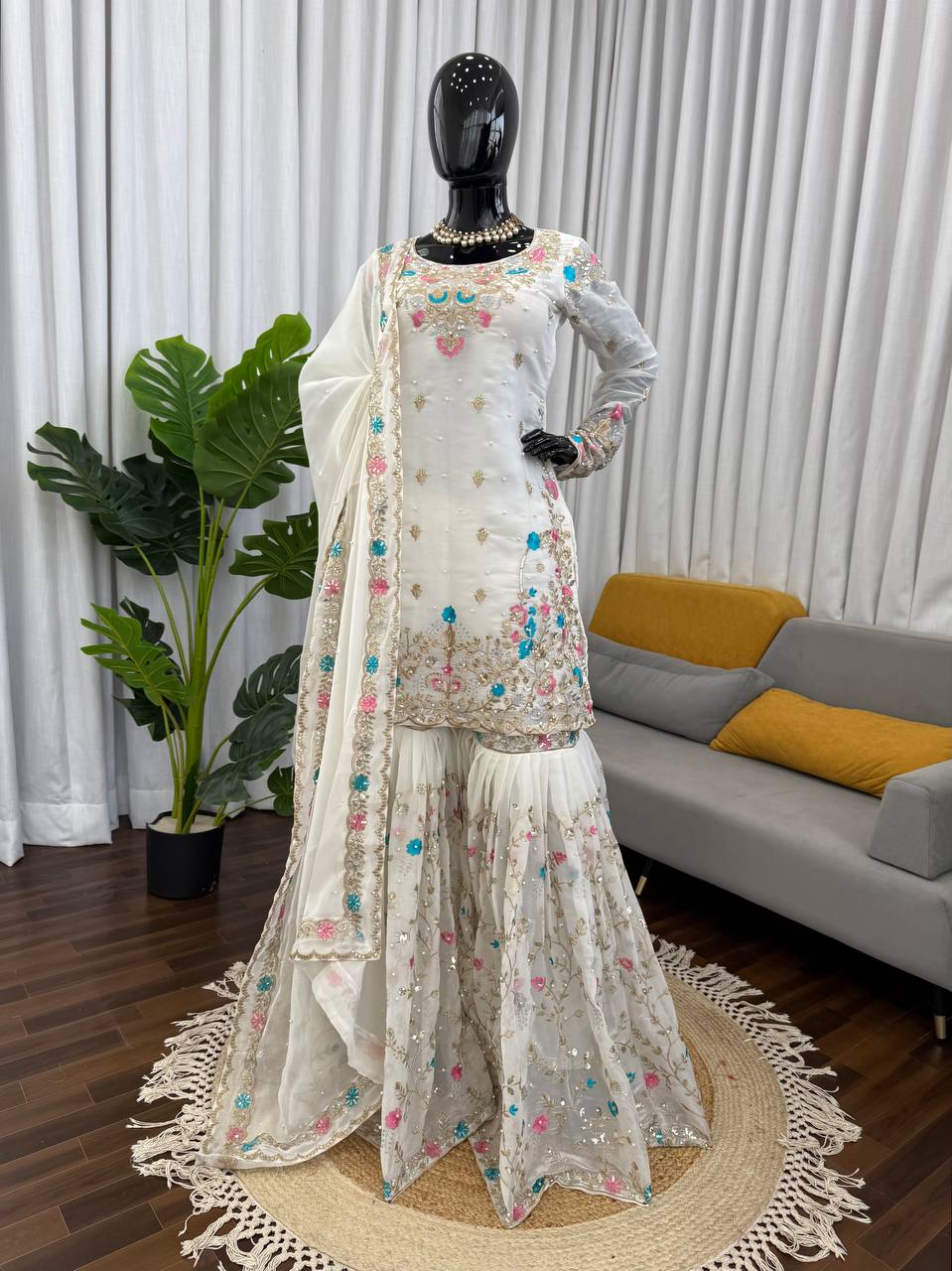 Party Wear Embroidery White Color 3-Piece Anarkali Sharara Set