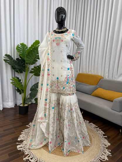 Party Wear Embroidery White Color 3-Piece Anarkali Sharara Set
