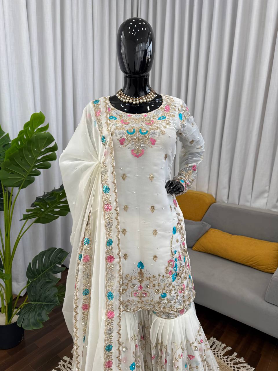 Party Wear Embroidery White Color 3-Piece Anarkali Sharara Set