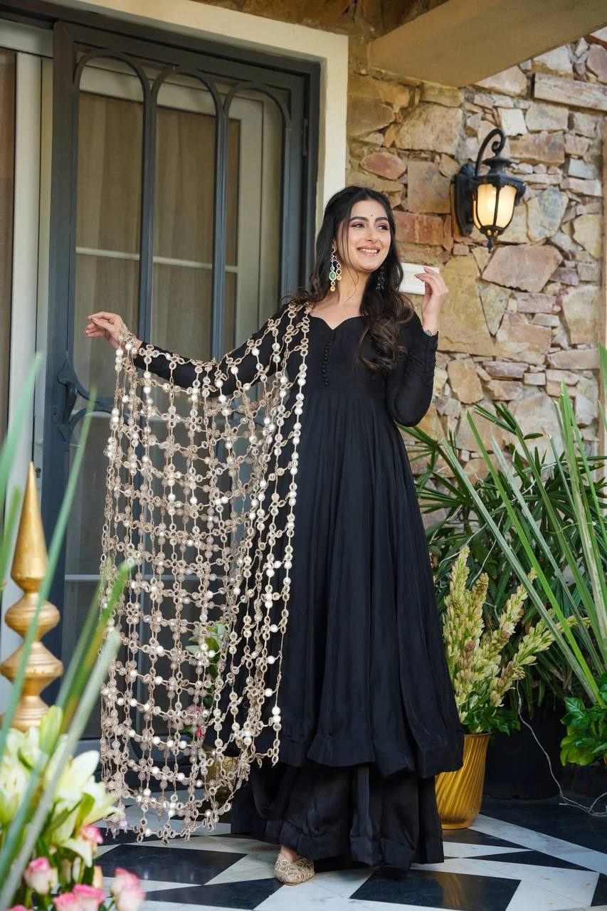 Designer Black Color Gown With Plazzo And Mirror Dupatta Set