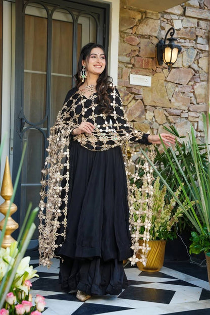 Designer Black Color Gown With Plazzo And Mirror Dupatta Set