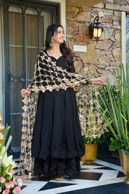 Designer Black Color Gown With Plazzo And Mirror Dupatta Set