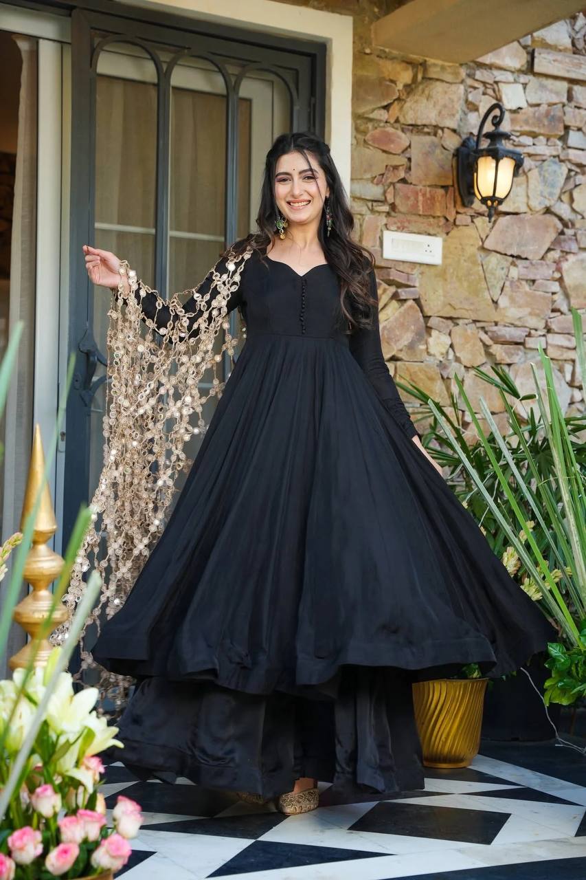 Designer Black Color Gown With Plazzo And Mirror Dupatta Set