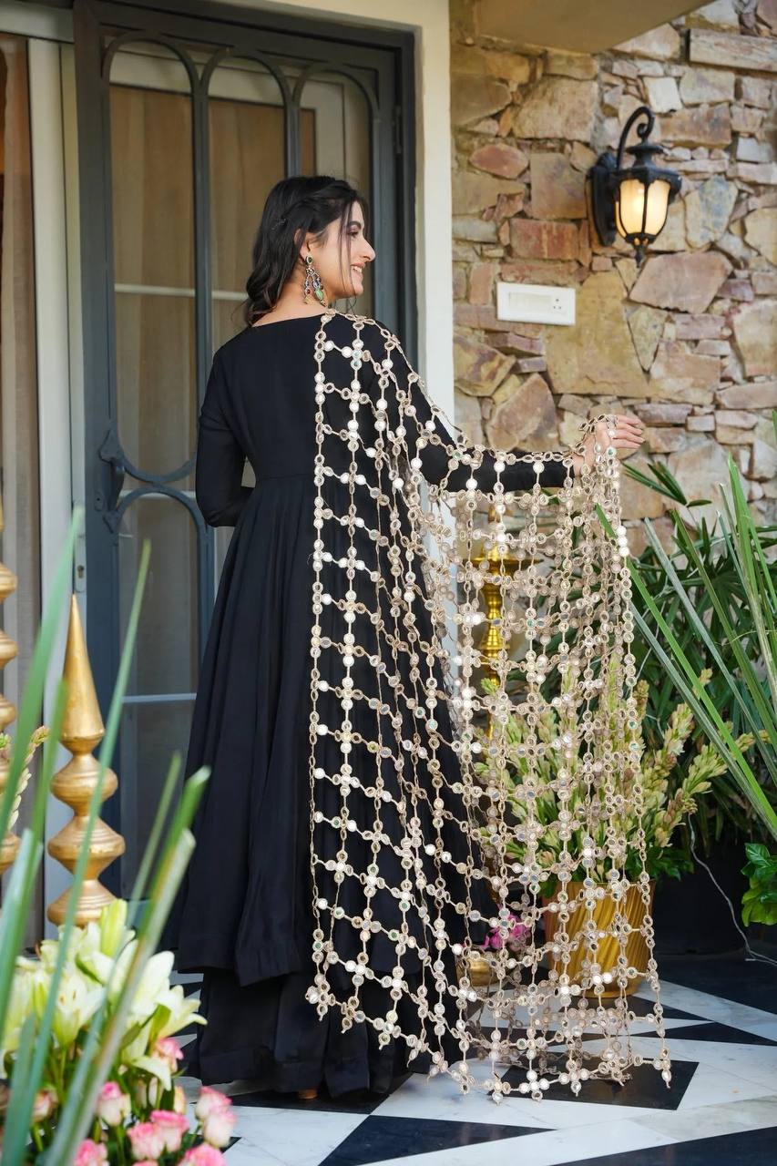 Designer Black Color Gown With Plazzo And Mirror Dupatta Set