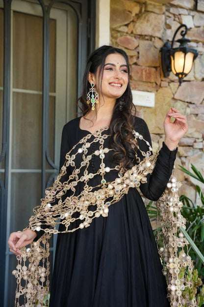 Designer Black Color Gown With Plazzo And Mirror Dupatta Set