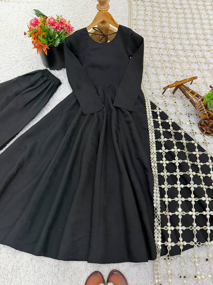 Designer Black Color Gown With Plazzo And Mirror Dupatta Set