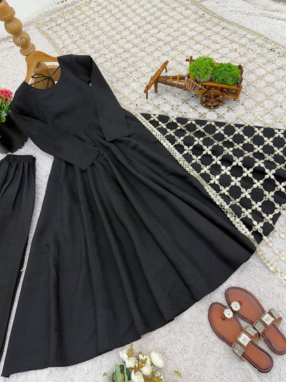 Designer Black Color Gown With Plazzo And Mirror Dupatta Set
