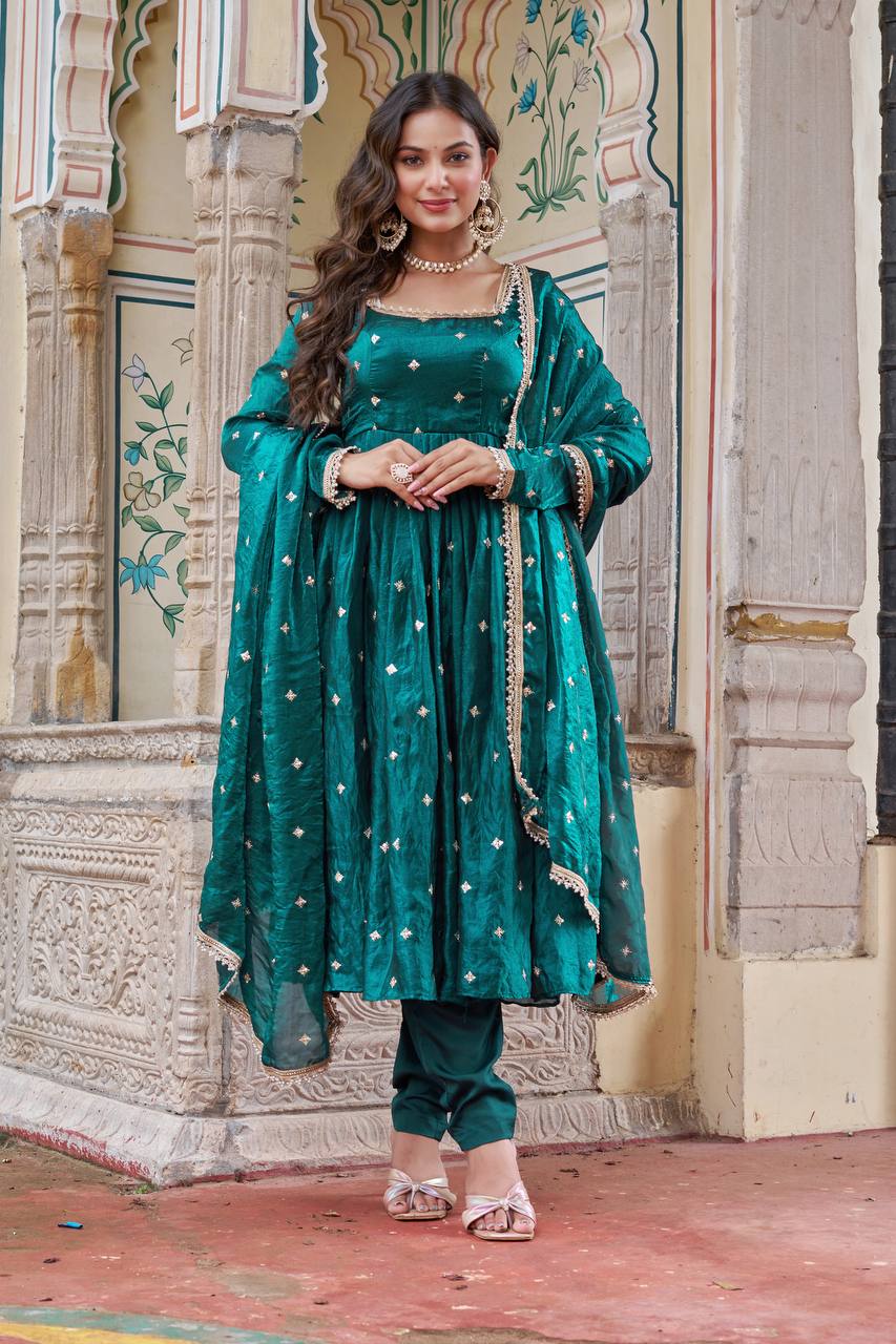 Elegant Teal Blue Heavy Fendi Silk Anarkali Suit Set