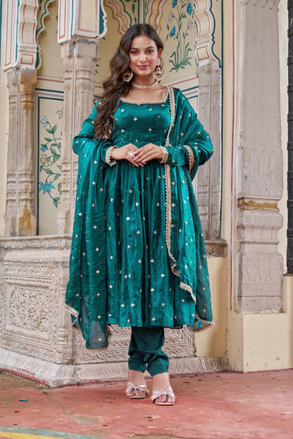 Elegant Teal Blue Heavy Fendi Silk Anarkali Suit Set