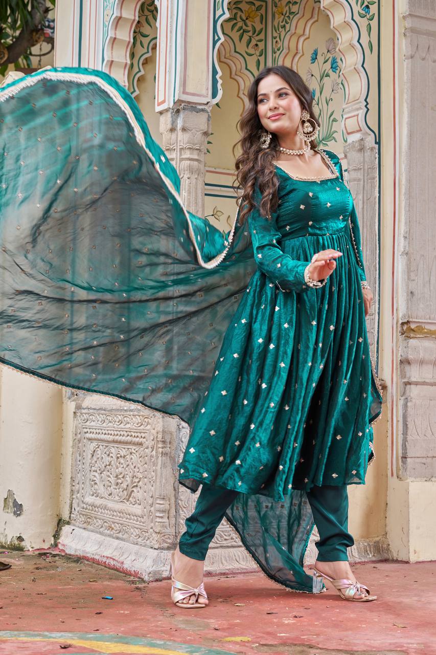 Elegant Teal Blue Heavy Fendi Silk Anarkali Suit Set