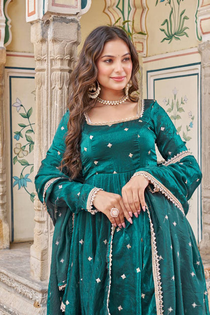 Elegant Teal Blue Heavy Fendi Silk Anarkali Suit Set