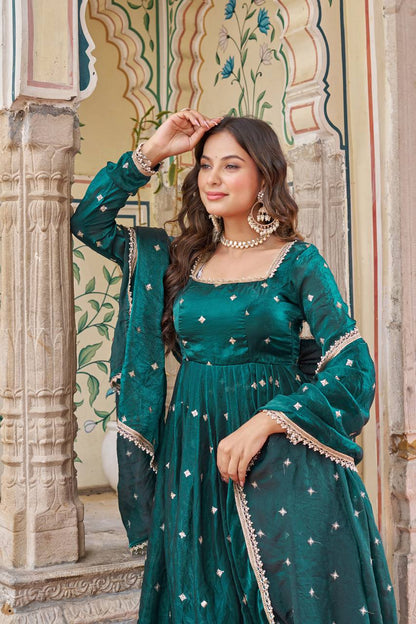 Elegant Teal Blue Heavy Fendi Silk Anarkali Suit Set