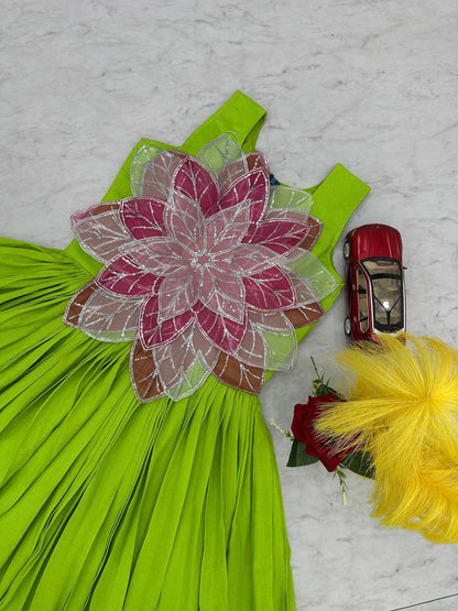 Beautiful Green Color Parampara Silk And Fancy Flowers Cutting Pasting Work Gown