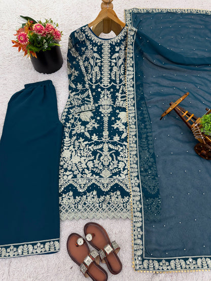 Exlcusive Teal Color Embroidered Sequence Designer Pakistani Suit