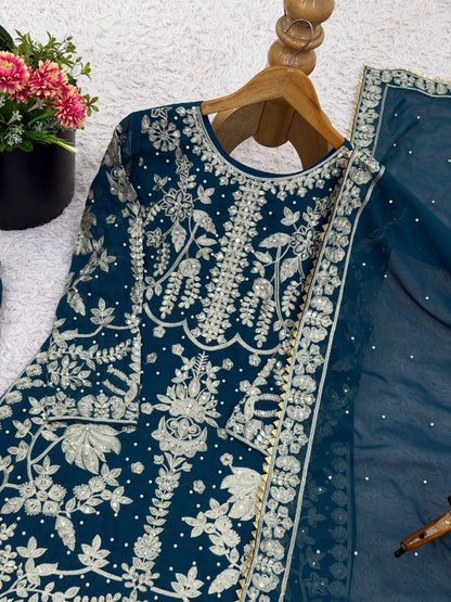 Exlcusive Teal Color Embroidered Sequence Designer Pakistani Suit