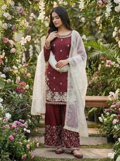 Wedding Wear Sequins Embroidered Designer Palazzo Suit