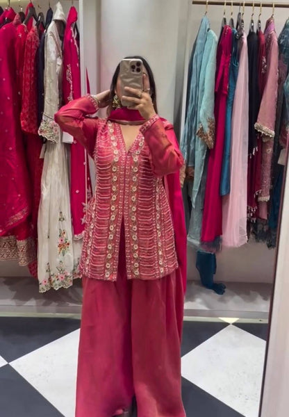 Wedding Wear Pink Color Embroidery And Handwork Silk Palazzo Suit