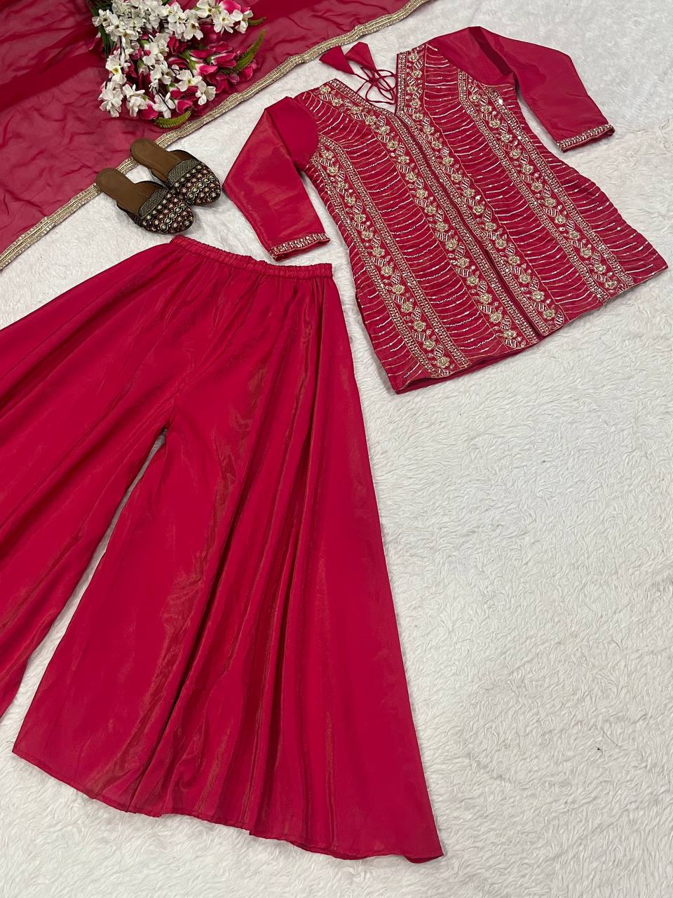 Wedding Wear Pink Color Embroidery And Handwork Silk Palazzo Suit